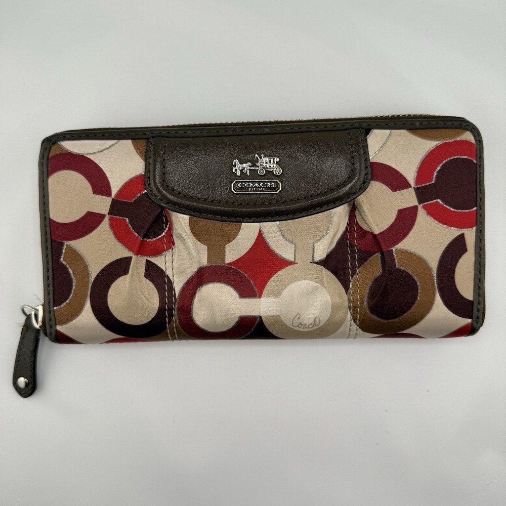 Coach Wallet Op Art Zip Around  Satin Leather Trim